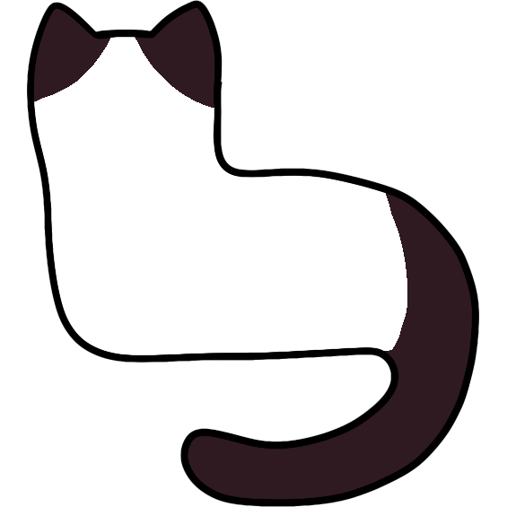 silhouette of a cat lying down with its head up and tail curved below. it's white with black ears and tail